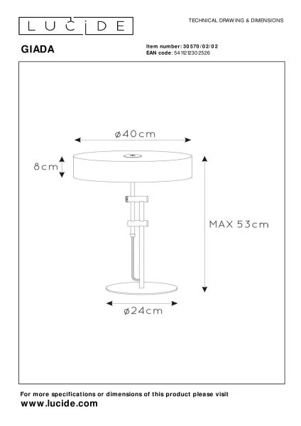 Lucide GIADA - Lámpara de mesa - Ø 40 cm - 2xE27 - Oro mate / Latón - técnico